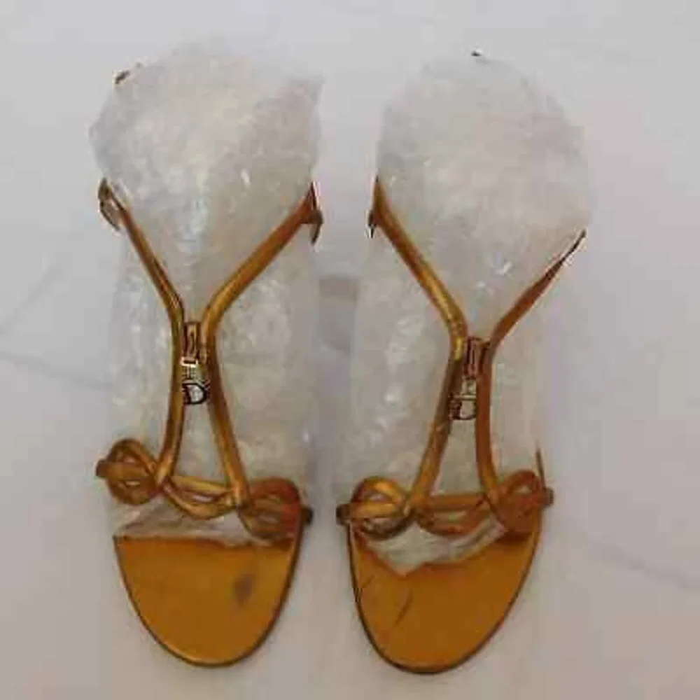 CHRISTIAN DIOR METALLIC STRAPPY BRONZE LOGO HEEL SANDALS SIZE 39 - Picture 3 of 12